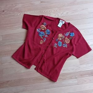 Floral Embroidered Red Cardigan Knit Top